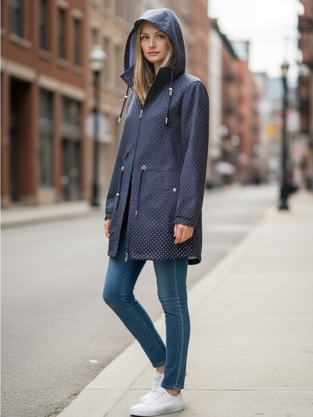 Jones New York Navy Polka Dot Hooded Trench Coat